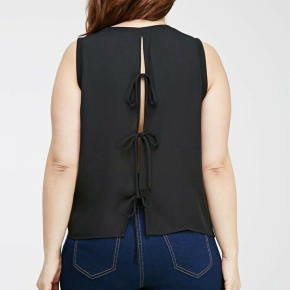 FOREVER 21 Plus Size 2x Black Blue Colorblocked Print Blouse Sheer Open Back - Picture 3 of 7